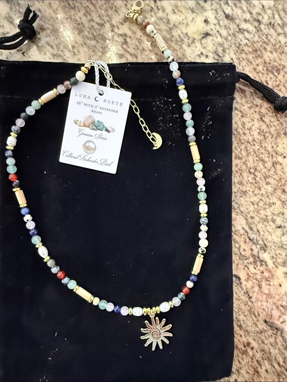 NWT Luna Norte Multicolor Gemstone Bead Necklace with Sun Pendant